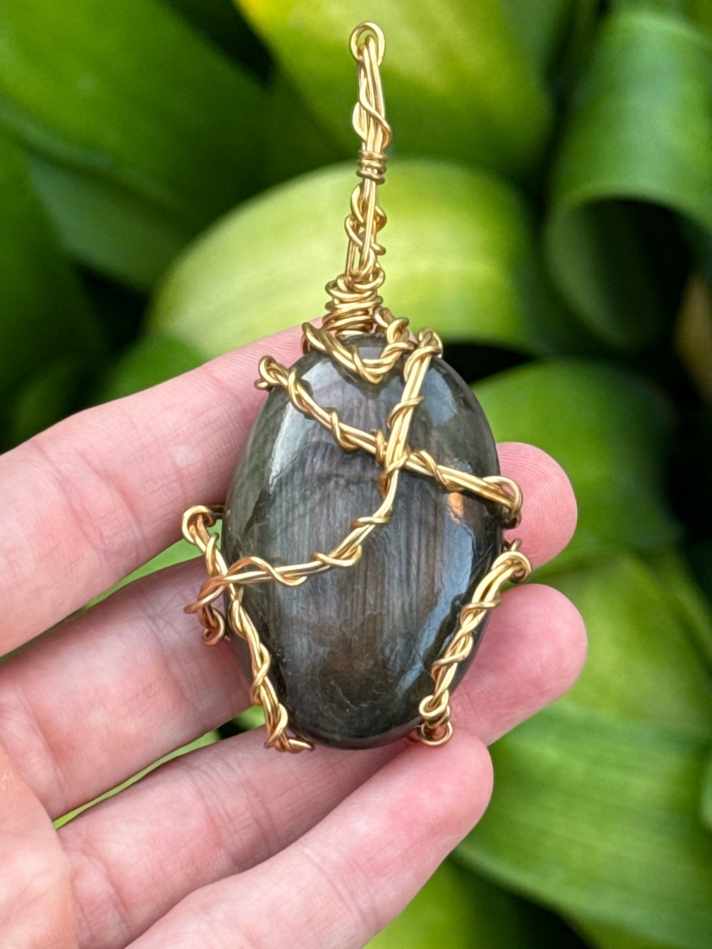 Gold Wire-Wrapped Labradorite Pendant Necklace - Dark Gray Blue